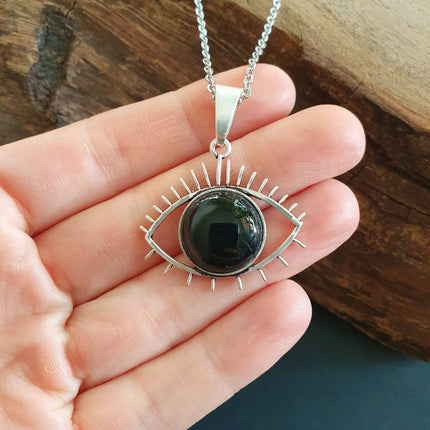 Silver Evil Eye Necklace / Black Onyx / Stainless Steel Chain / Stone / Ethnic / Hypoallergenic / Third Eye / Illuminati