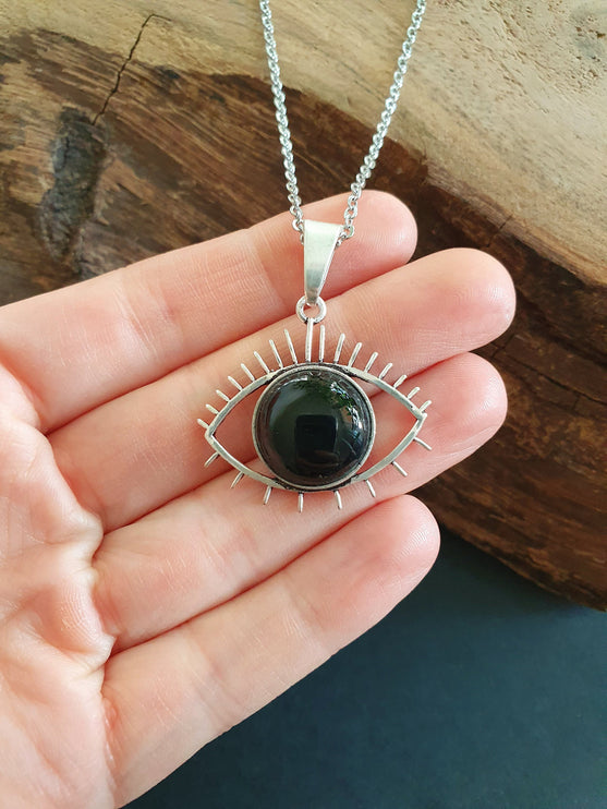 Silver Evil Eye Necklace / Black Onyx / Stainless Steel Chain / Stone / Ethnic / Hypoallergenic / Third Eye / Illuminati