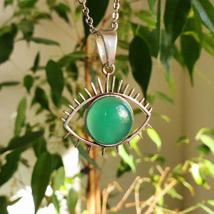 Silver Evil Eye Necklace / Green Onyx / Stainless Steel Chain / Stone / Ethnic / Hypoallergenic / Third Eye / Illuminati