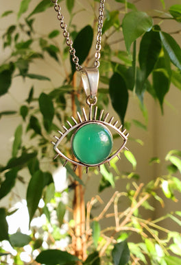 Silver Evil Eye Necklace / Green Onyx / Stainless Steel Chain / Stone / Ethnic / Hypoallergenic / Third Eye / Illuminati