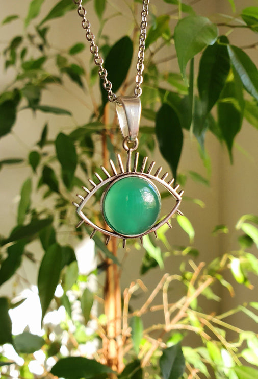 Silver Evil Eye Necklace / Green Onyx / Stainless Steel Chain / Stone / Ethnic / Hypoallergenic / Third Eye / Illuminati