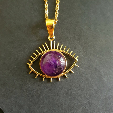 Gold Eye of Protection Necklace / Amethyst / Third Eye / Hypoallergenic / Brass / Boho / Inca / Ethnic / Hypoallergenic / Illuminati