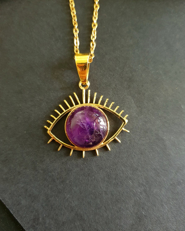 Gold Eye of Protection Necklace / Amethyst / Third Eye / Hypoallergenic / Brass / Boho / Inca / Ethnic / Hypoallergenic / Illuminati