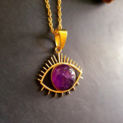 Gold Eye of Protection Necklace / Amethyst / Third Eye / Hypoallergenic / Brass / Boho / Inca / Ethnic / Hypoallergenic / Illuminati