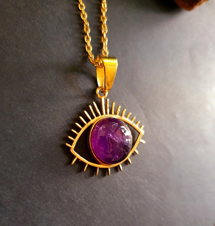 Gold Eye of Protection Necklace / Amethyst / Third Eye / Hypoallergenic / Brass / Boho / Inca / Ethnic / Hypoallergenic / Illuminati