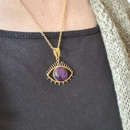 Gold Eye of Protection Necklace / Amethyst / Third Eye / Hypoallergenic / Brass / Boho / Inca / Ethnic / Hypoallergenic / Illuminati