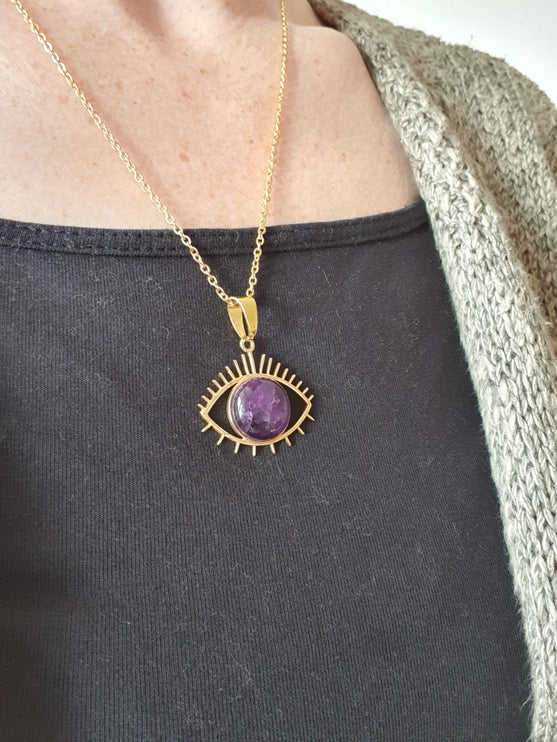 Gold Eye of Protection Necklace / Amethyst / Third Eye / Hypoallergenic / Brass / Boho / Inca / Ethnic / Hypoallergenic / Illuminati