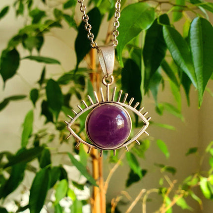 Silver Evil Eye Necklace / Amethyst / Stainless Steel Chain / Stone / Ethnic / Hypoallergenic / Third Eye / Illuminati