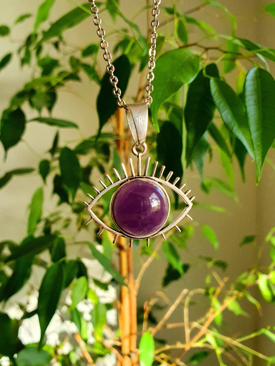 Silver Evil Eye Necklace / Amethyst / Stainless Steel Chain / Stone / Ethnic / Hypoallergenic / Third Eye / Illuminati