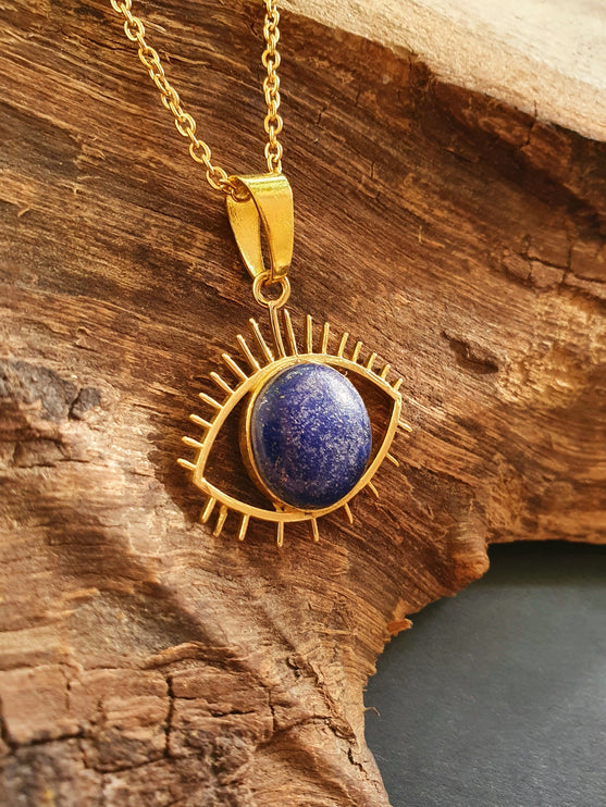 Lapis Lazuli Gold Eye of Protection Necklace / Third Eye / Hypoallergenic / Brass / Boho / Inca / Ethnic / Hypoallergenic / Illuminati