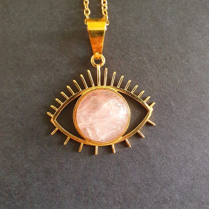 Gold Eye of Protection Necklace / Rose Quartz / Third Eye / Hypoallergenic / Brass / Boho / Inca / Ethnic / Hypoallergenic / Illuminati