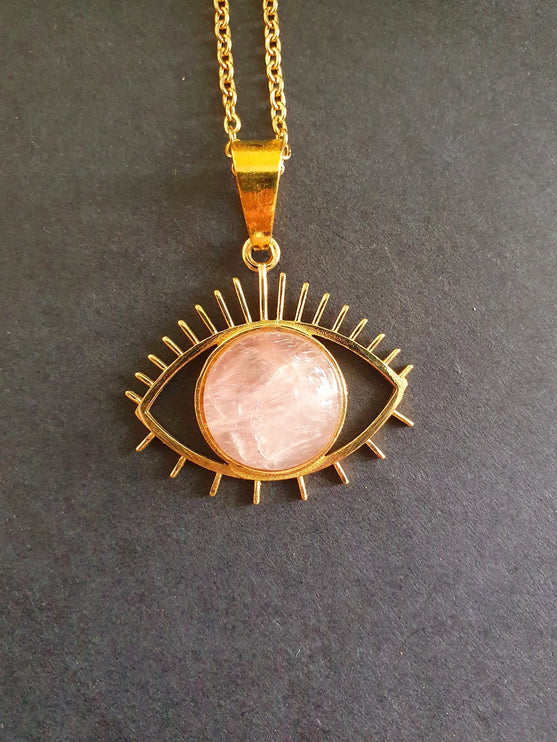 Gold Eye of Protection Necklace / Rose Quartz / Third Eye / Hypoallergenic / Brass / Boho / Inca / Ethnic / Hypoallergenic / Illuminati