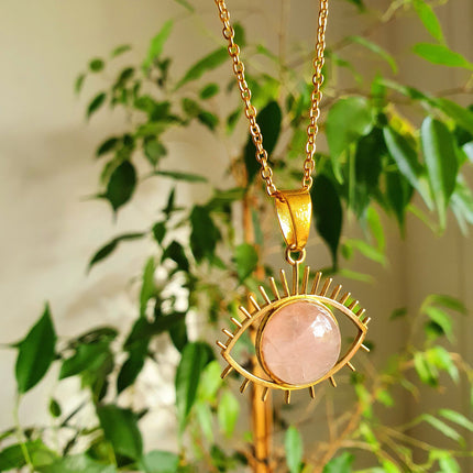 Gold Eye of Protection Necklace / Rose Quartz / Third Eye / Hypoallergenic / Brass / Boho / Inca / Ethnic / Hypoallergenic / Illuminati