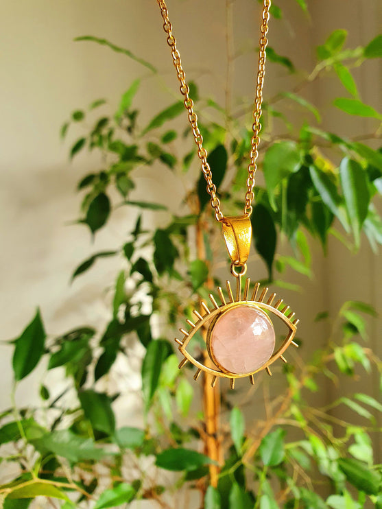 Gold Eye of Protection Necklace / Rose Quartz / Third Eye / Hypoallergenic / Brass / Boho / Inca / Ethnic / Hypoallergenic / Illuminati