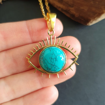 Turquoise Gold Eye of Protection Necklace / Third Eye / Hypoallergenic / Brass / Boho / Inca / Ethnic / Hypoallergenic / Illuminati