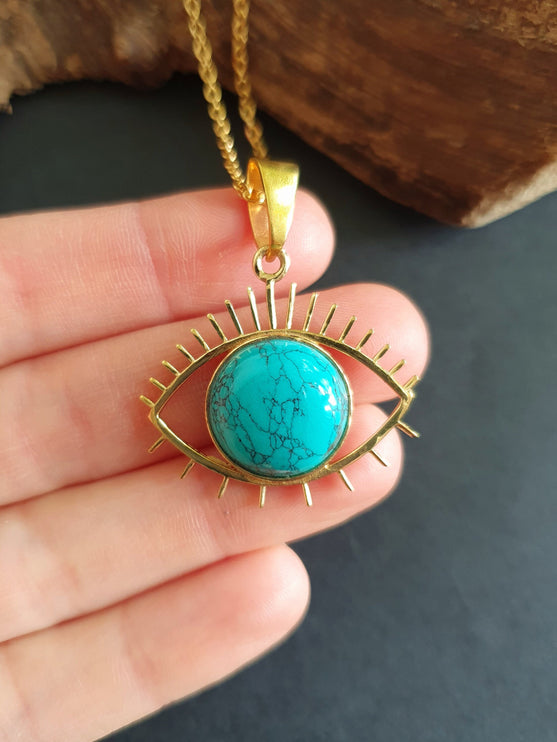 Turquoise Gold Eye of Protection Necklace / Third Eye / Hypoallergenic / Brass / Boho / Inca / Ethnic / Hypoallergenic / Illuminati