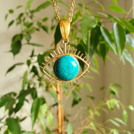 Turquoise Gold Eye of Protection Necklace / Third Eye / Hypoallergenic / Brass / Boho / Inca / Ethnic / Hypoallergenic / Illuminati