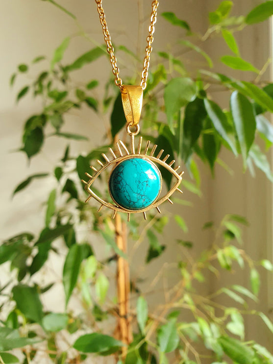 Turquoise Gold Eye of Protection Necklace / Third Eye / Hypoallergenic / Brass / Boho / Inca / Ethnic / Hypoallergenic / Illuminati