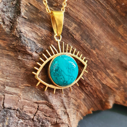 Turquoise Gold Eye of Protection Necklace / Third Eye / Hypoallergenic / Brass / Boho / Inca / Ethnic / Hypoallergenic / Illuminati