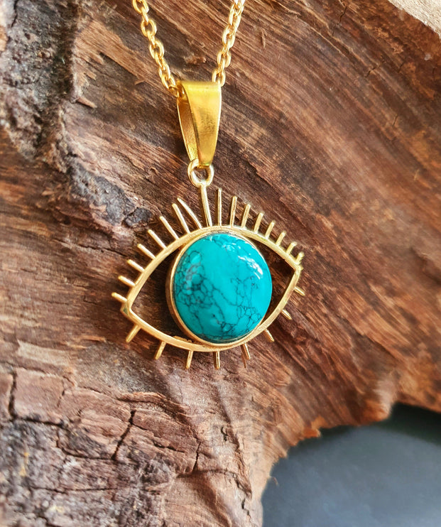 Turquoise Gold Eye of Protection Necklace / Third Eye / Hypoallergenic / Brass / Boho / Inca / Ethnic / Hypoallergenic / Illuminati