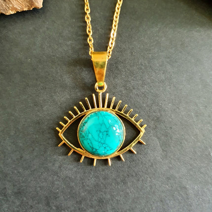 Turquoise Gold Eye of Protection Necklace / Third Eye / Hypoallergenic / Brass / Boho / Inca / Ethnic / Hypoallergenic / Illuminati