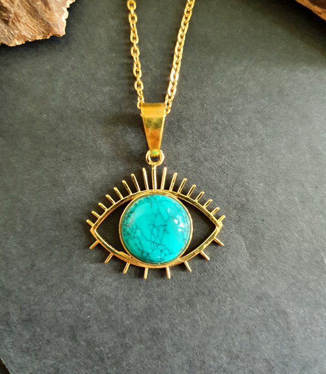 Turquoise Gold Eye of Protection Necklace / Third Eye / Hypoallergenic / Brass / Boho / Inca / Ethnic / Hypoallergenic / Illuminati