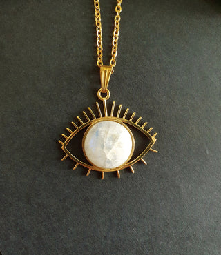 Gold Eye of Protection Necklace / Moonstone / Talisman / Third Eye / Hypoallergenic / Brass / Boho / Inca / Ethnic / Illuminati
