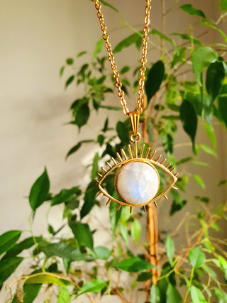 Gold Eye of Protection Necklace / Moonstone / Talisman / Third Eye / Hypoallergenic / Brass / Boho / Inca / Ethnic / Illuminati