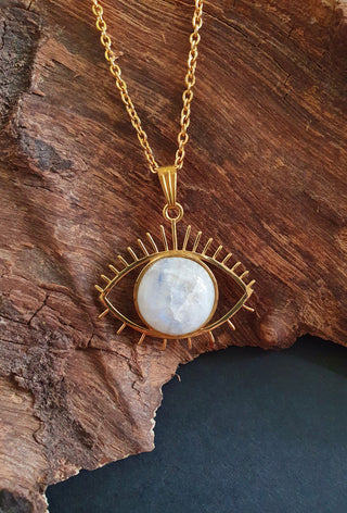 Gold Eye of Protection Necklace / Moonstone / Talisman / Third Eye / Hypoallergenic / Brass / Boho / Inca / Ethnic / Illuminati