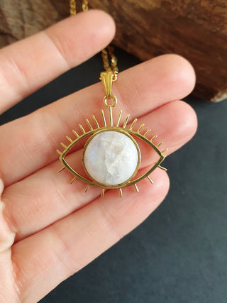 Gold Eye of Protection Necklace / Moonstone / Talisman / Third Eye / Hypoallergenic / Brass / Boho / Inca / Ethnic / Illuminati