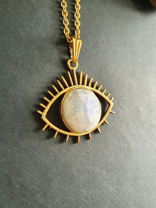 Gold Eye of Protection Necklace / Moonstone / Talisman / Third Eye / Hypoallergenic / Brass / Boho / Inca / Ethnic / Illuminati