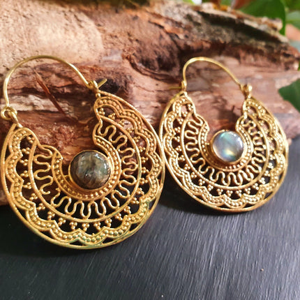 Labradorite & Brass Hoop Earrings Ethnic, rustic, yoga, hippie, gypsy, pretty, psy, boho, bohemian, festival
