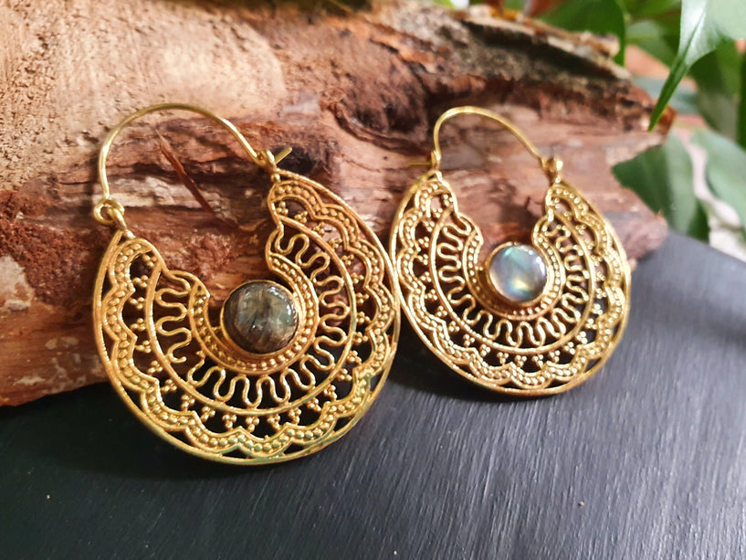 Labradorite & Brass Hoop Earrings Ethnic, rustic, yoga, hippie, gypsy, pretty, psy, boho, bohemian, festival