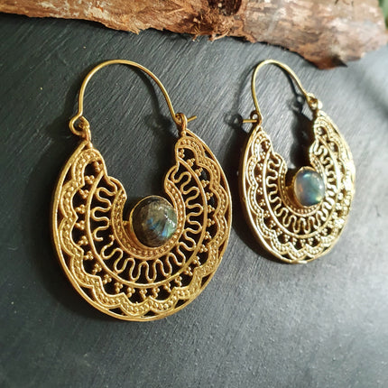 Labradorite & Brass Hoop Earrings Ethnic, rustic, yoga, hippie, gypsy, pretty, psy, boho, bohemian, festival