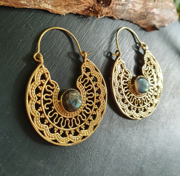Labradorite & Brass Hoop Earrings Ethnic, rustic, yoga, hippie, gypsy, pretty, psy, boho, bohemian, festival