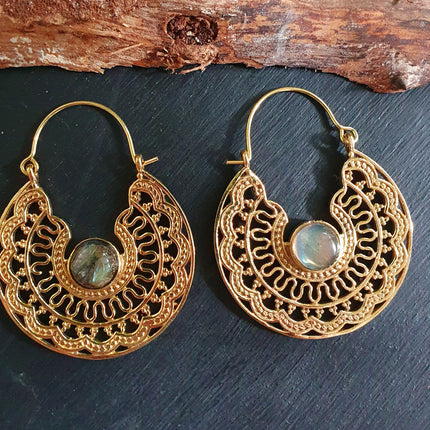 Labradorite & Brass Hoop Earrings Ethnic, rustic, yoga, hippie, gypsy, pretty, psy, boho, bohemian, festival
