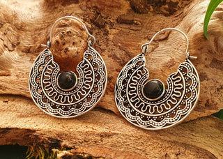 Aztec Black Onyx Silver Hoop Earrings Ethnic, rustic, yoga, hippie, gypsy, pretty, psy, boho, bohemian, festival
