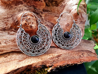 Aztec Black Onyx Silver Hoop Earrings Ethnic, rustic, yoga, hippie, gypsy, pretty, psy, boho, bohemian, festival