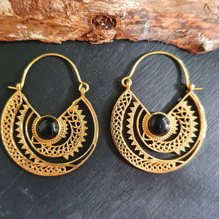 Black Onyx & Brass Hoop Ethnic Earrings , rustic, yoga, hippie, gypsy, pretty, psy, boho, bohemian, festival