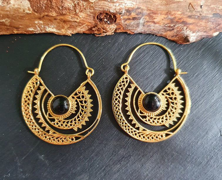 Black Onyx & Brass Hoop Ethnic Earrings , rustic, yoga, hippie, gypsy, pretty, psy, boho, bohemian, festival