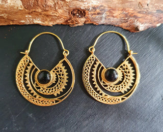 Black Onyx & Brass Hoop Ethnic Earrings , rustic, yoga, hippie, gypsy, pretty, psy, boho, bohemian, festival