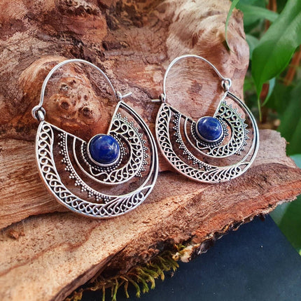 Silver Ethnic Lapis Lazuli Earrings Ethnic, Blue Stone , rustic, yoga, hippie, gypsy, pretty, psy, boho, bohemian, festival