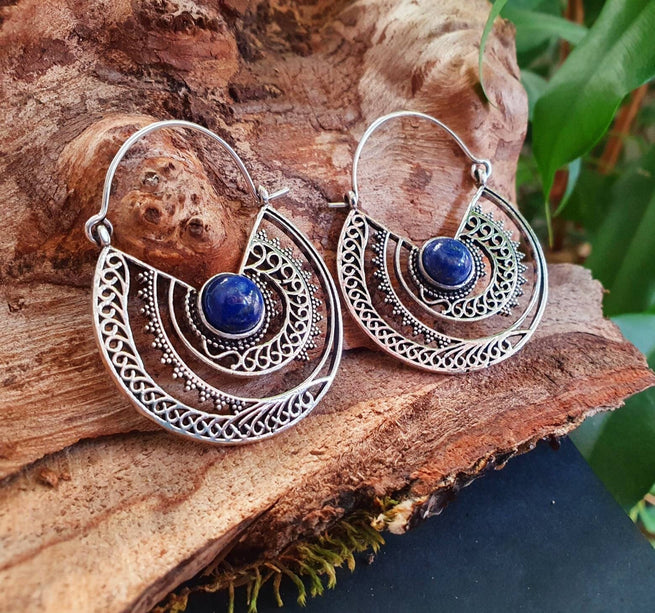 Silver Ethnic Lapis Lazuli Earrings Ethnic, Blue Stone , rustic, yoga, hippie, gypsy, pretty, psy, boho, bohemian, festival