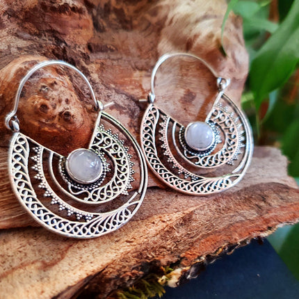 Silver Ethnic Moonstone Earrings Ethnic, rustic, yoga, hippie, gypsy, pretty, psy, boho, bohemian, festival