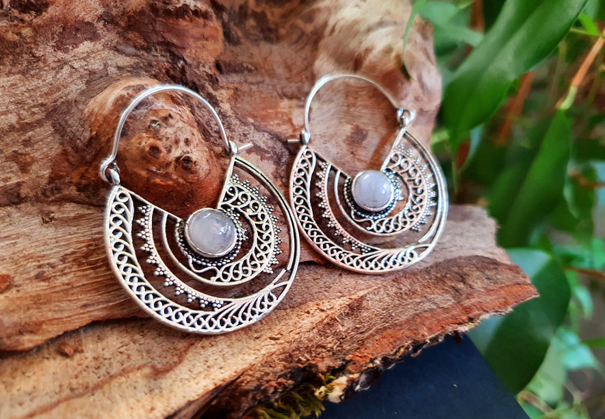 Silver Ethnic Moonstone Earrings Ethnic, rustic, yoga, hippie, gypsy, pretty, psy, boho, bohemian, festival