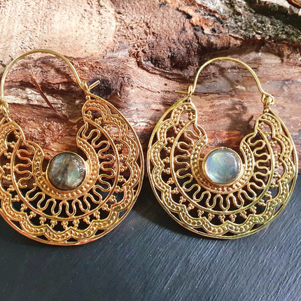 Labradorite & Brass Hoop Earrings Ethnic, rustic, yoga, hippie, gypsy, pretty, psy, boho, bohemian, festival