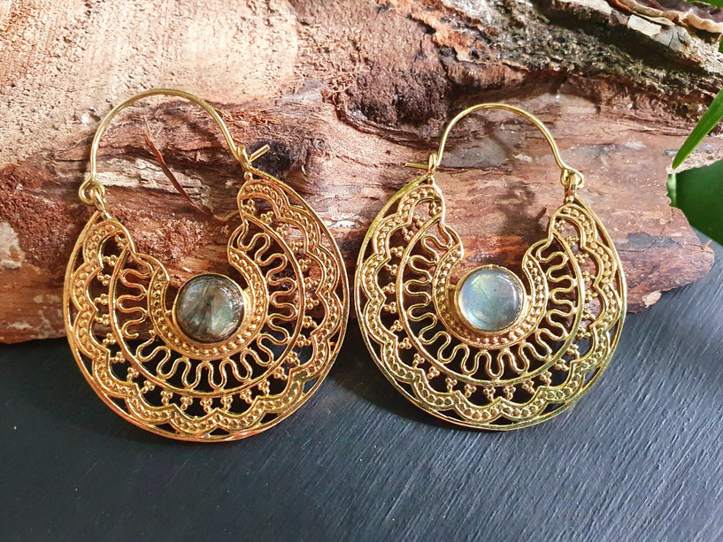 Labradorite & Brass Hoop Earrings Ethnic, rustic, yoga, hippie, gypsy, pretty, psy, boho, bohemian, festival