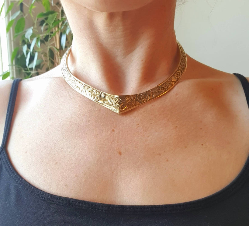 Ethnic Choker Brass Necklace / Rustic / Gypsy / Lightweight / Boho / Tribal / Hippie / Rustic / Vegan / Aztec