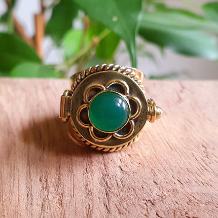 Gold Poison Ring / Brass & Green Onyx / Alchemy / Locket Ring / Boho / Bohemian / Rustic / Tribal / Gypsy / Festival / Healing / Festival