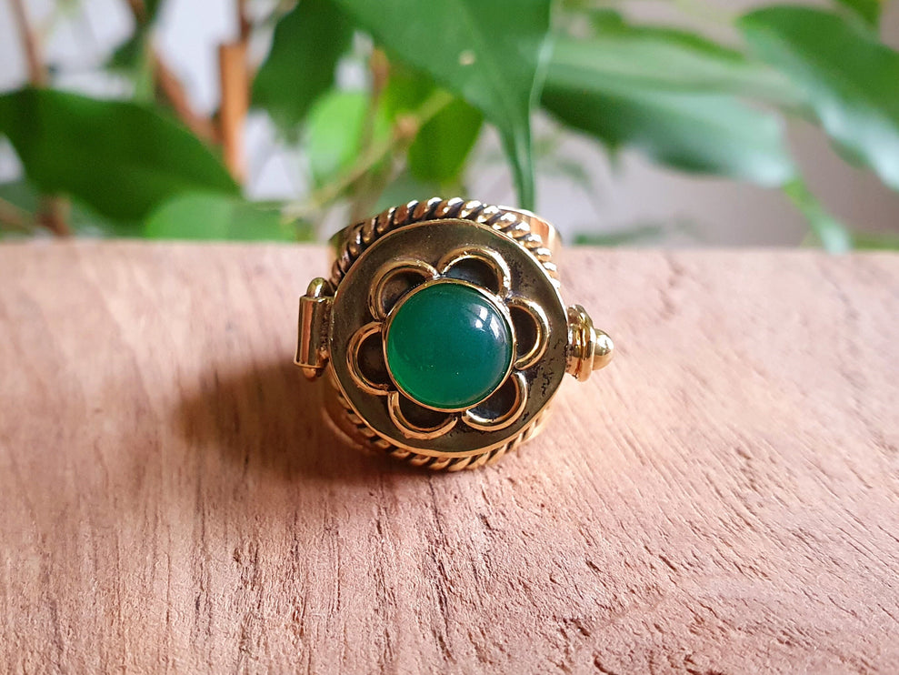 Gold Poison Ring / Brass & Green Onyx / Alchemy / Locket Ring / Boho / Bohemian / Rustic / Tribal / Gypsy / Festival / Healing / Festival